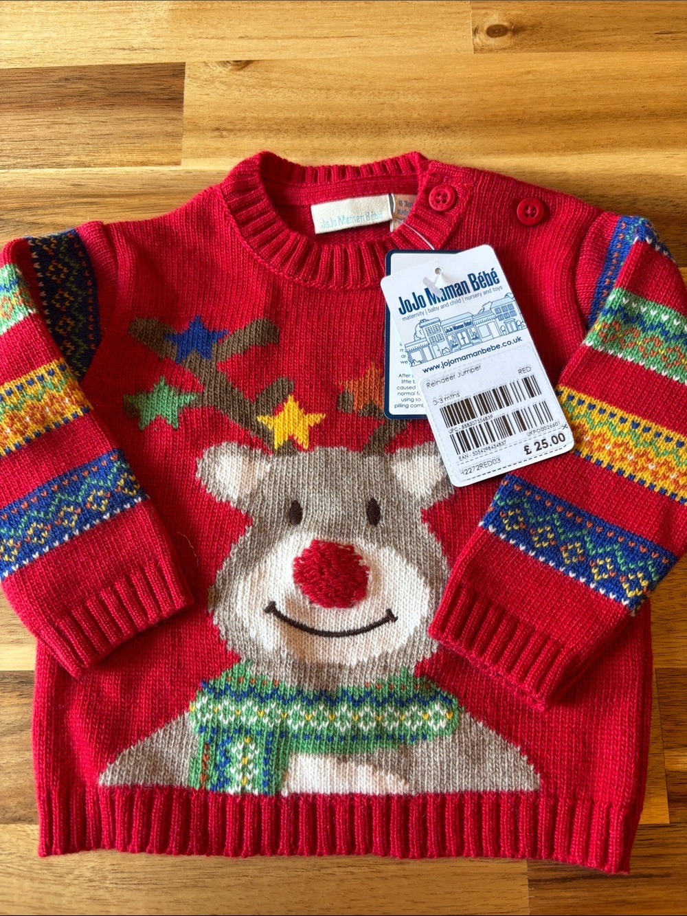 JoJo Maman Bebe Red Reindeer Knit Sweater with Multicolor Sleeves 0-3 months
